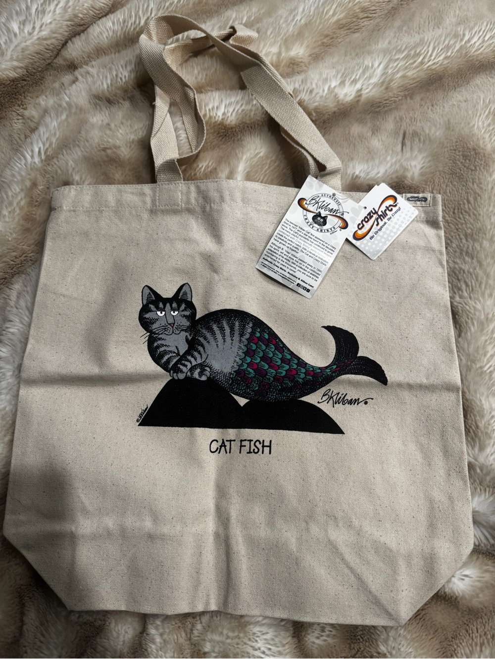 New NWT B. Kliban Crazy Shirts Hawaii Cat Fish Mermaid Canvas Tote Bag - Cream